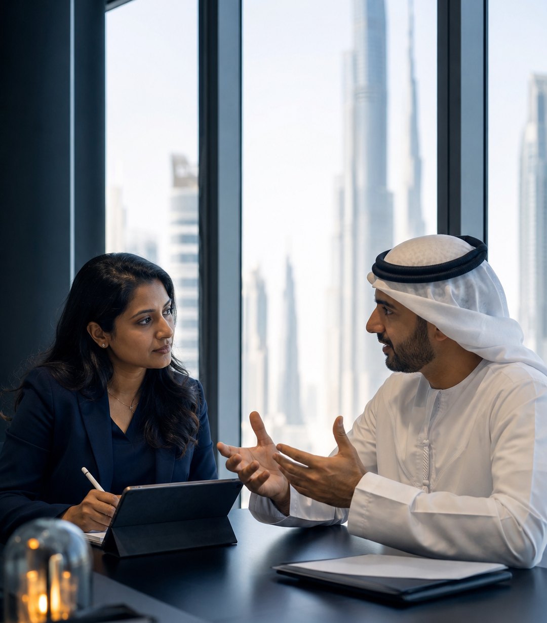 An Ambizent consultant taking a role brief with a client in a Dubai office