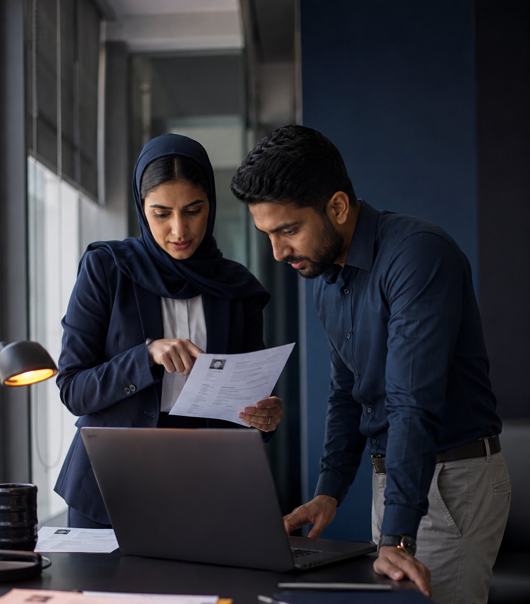 A hiring manager reviewing a candidate shortlist with an Ambizent consultant