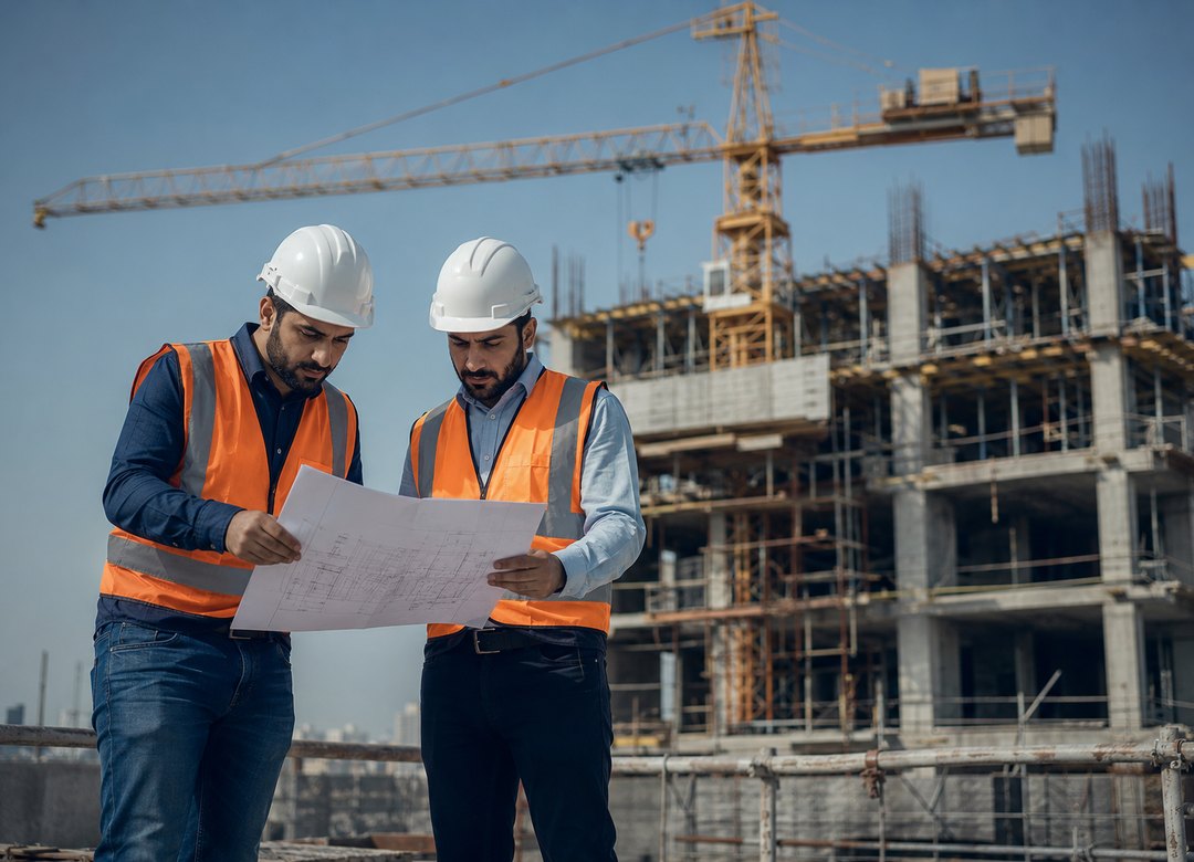 Construction site in the UAE with engineers reviewing drawings