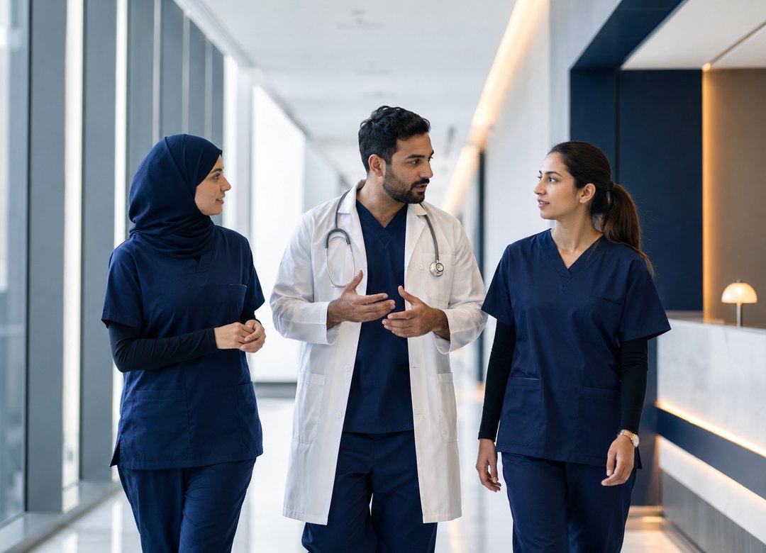 Healthcare professionals in a UAE hospital corridor